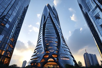 Futuristic skyscraper with termite mounds for natural ventilation and energy efficiency, AI