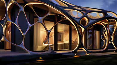 Modern building design with a network of interconnected shapes inspired by the structure of spider