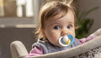 A baby with a blue dummy and blond hair sits in a cot and looks attentively, AI generated, AI