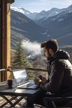 Remote working place enveloped in the tranquility of a mountainous outdoor surrounding, AI