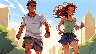 Vector cartoon illustration of a young couple jogging in a city park in summer, AI generated