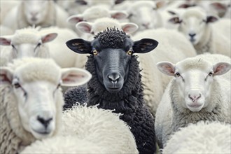 Close up of single black sheep between flock of white sheep. Generative Ai, AI generated