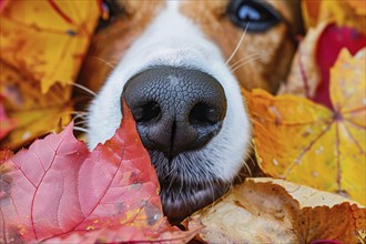 Nose of dog sticking out between colorful autumn leaves. Generative Ai, AI generated