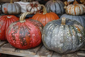 Close up of different colorful muscade pumpkins at market. Generative Ai, AI generated