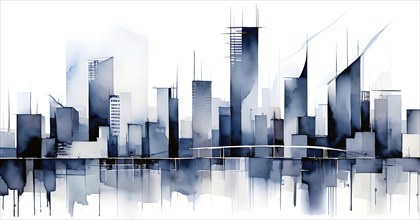 Modern city skyline using clean lines and geometric forms, with rectangular buildings and smooth,