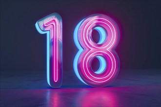 Neon pink and blue glowing number 18. KI generiert, generiert, AI generated