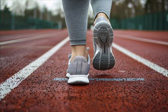 Close up of woman's feet in sport shoes running on orange running track. KI generiert, generiert,