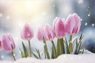 Pink tulip spring flowers covered in snow. KI generiert, generiert AI generated