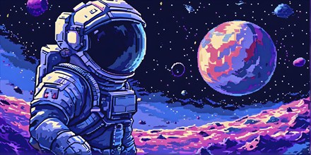 Pixel art illustration of an astronaut outside in the infinite expanse of space, AI generated