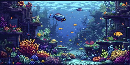 Pixel art illustration of vibrant corals and fish teeming with life around a sunken ship, AI