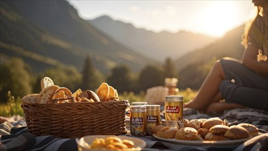 Picnic scene with healthy food and snacks in a mountain scenery, AI generated