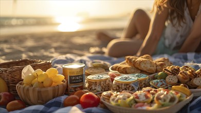 Picnic scene with healthy food and snacks on a sunny sandy beach, AI generated