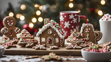 Kitchen counter filled with Christmas cookies, gingerbread houses, and mugs of hot chocolate, with