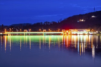 Lake Baldeney, illuminated weir, with lock, left and hydroelectric power plant power station,