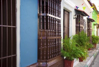 Colombia, Scenic colorful streets of Cartagena in historic Getsemani district near Walled City,