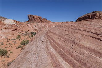 Layered rock formations along the Fire Wave Trail at Valley of Fire State Park near Overton,