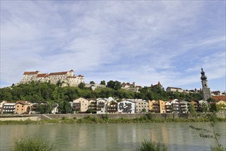 Panorama of the old town with river Salzach and castle, Burghausen, district of Altötting, Upper