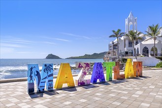 Mazatlan, Mexico, 10 September, 2021: Big Mazatlan Letters at the entrance to Golden Zone (Zona