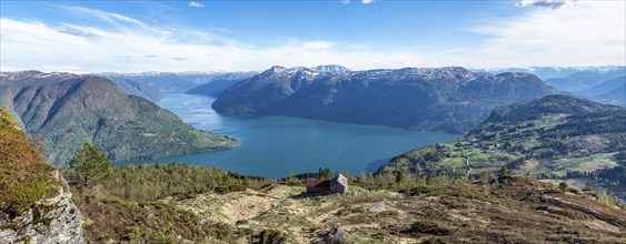 Farm Svarthiller above the Sognefjord (inner branch Lustrafjord), on hike to summit of Molden,