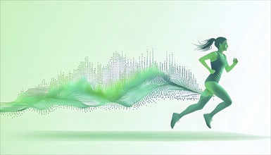 Illustration of a wave of data points shaping into a female runner silhouette, blue and green