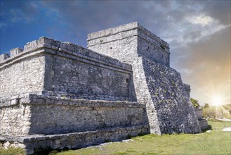 Pyramid El Castillo, the Castle, in Tulum Archaeological Zone with Mayan pyramids and ruins located