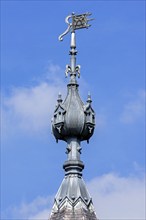 Spire with wind vane, weather vane on tower of the 1750 Poeke Castle, Kasteel van Poeke in Rococo