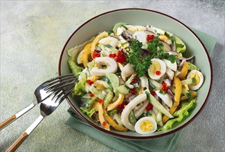 Salad with squid, fresh cucumber, eggs, sweet pepper, red onion, with dressing, homemade, no people