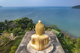 The big Buddha of Wat Ao Salat in the fishing village of Ban Ao Salad seen from the air, Ko Kut