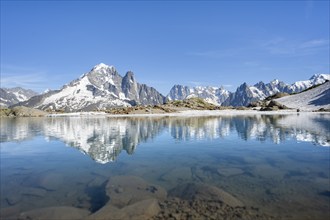 Mountain landscape with mountain lake, water reflection in Lac Blanc, mountain peak, Aiguille