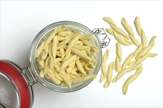 Strozzapreti, Italian pasta in glass containers, Italy, Europe