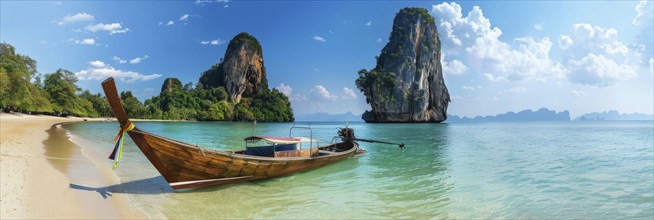 Long tail boat, asian vacation onf Thailand Islands. Tropical beach with limestone rocks, AI