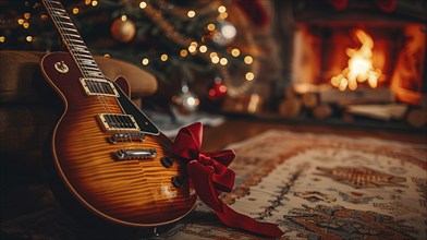 Brand new electric guitar christmas gift with a red bow under the tree. generative AI., AI