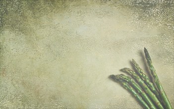 Fresh asparagus, on the table, food background, concept, rustic style, top view, no people