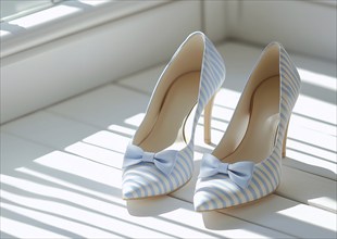 Close-up, two women's shoes, high heels, pastel colors, nautical style, on a white wooden floor,