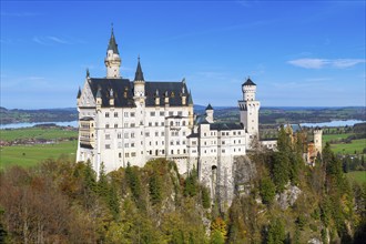 Detailed view of Neuschwanstein Castle with towers and blue sky, Schwangau, Ostallgäu, Allgäu,