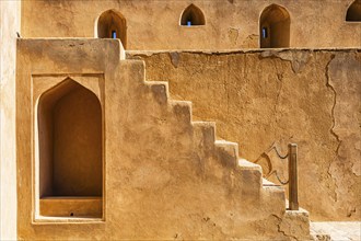 Staircase and embrasures in the palace fortress of Jabrin, Jabrin, near the city of Bahla, Arabian