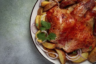 Fried, baked chicken, in the oven, with spices, and rustic potatoes, top view, homemade