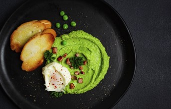 Mashed peas, with boiled egg, fried bacon, toast, baguette, breakfast, homemade, no people