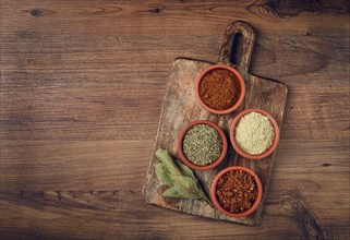 Georgian spices, in ceramic bowls, assortment, set of spices, utsho, adjika, Svan salt, ground