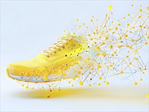 Running shoe, breaking into pixels and data points, morphing into a network of neural nodes, AI