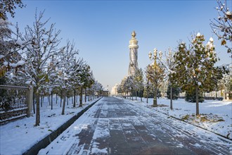 Winter park with Istiklol Tower, Independence and Freedom Tower, Dushanbe, Tajikistan, Central