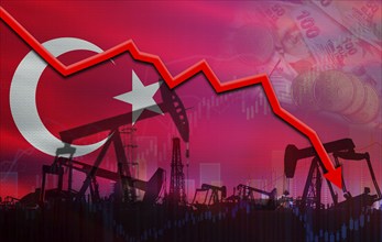 Oil crisis with Turkey flag on financial graph. Fall oil price with Turkey flag on economic chart