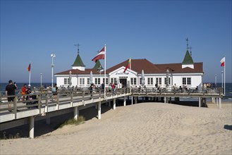 Historic pier and sandy beach, Ahlbeck, Usedom Island, Baltic Sea, Mecklenburg-Western Pomerania,