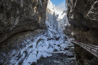 Winter, snowy landscape, river Breitach and hiking trail through the Breitachklamm gorge near