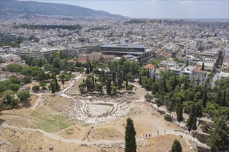 View from the Acropolis to the Theatre of Dionysus, the Acropolis Museum and Athens, Greece, Europe