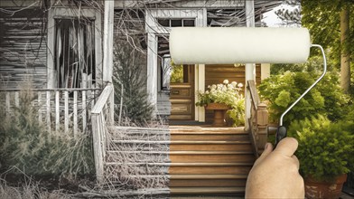 Before and after of man using painting roller over run down house porch to reveal beautiful