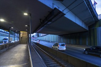 Underground station, Breslauer Straße U18, in the middle of the A40 motorway, Essen city centre,