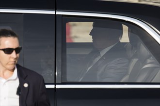 Joe Biden (46th President of the United States) in the presidential car The Beast in front of