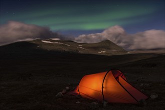 Tent in mountain landscape, Sarek National Park, World Heritage Laponia, Norrbotten, Lapland,