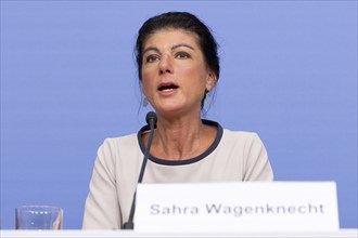 Sahra Wagenknecht, Chairwoman of the Sahra Wagenknecht Alliance (BSW), at a press conference after